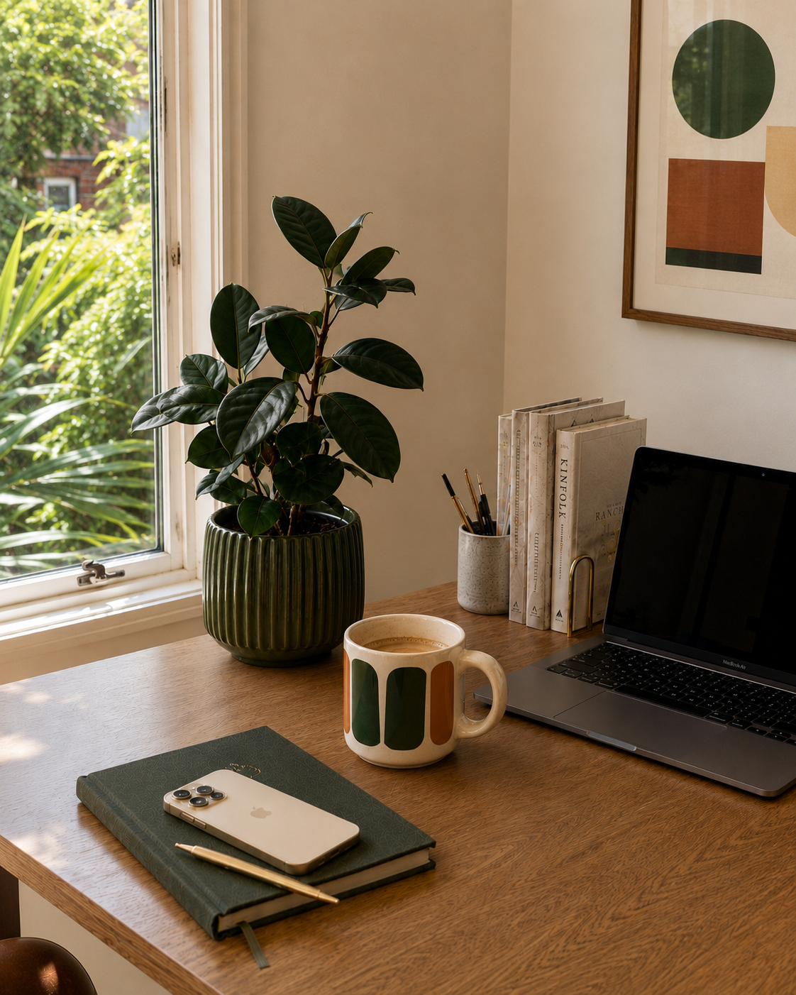 A calm, well-considered home office desk by a window